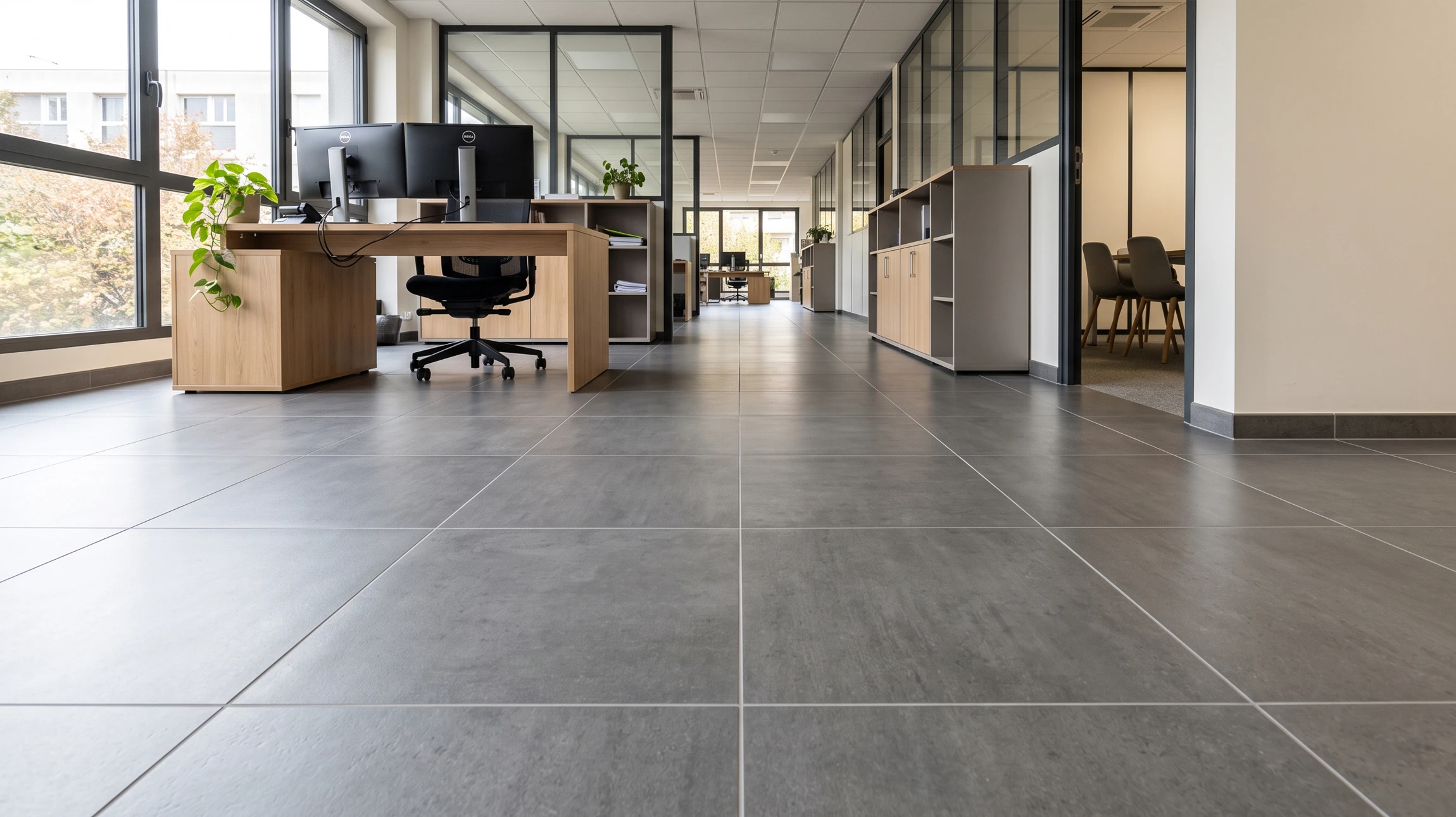 Artisan carreleur agenouillé sur un chantier intérieur appliquant du mortier-colle sur carrelage avec une truelle